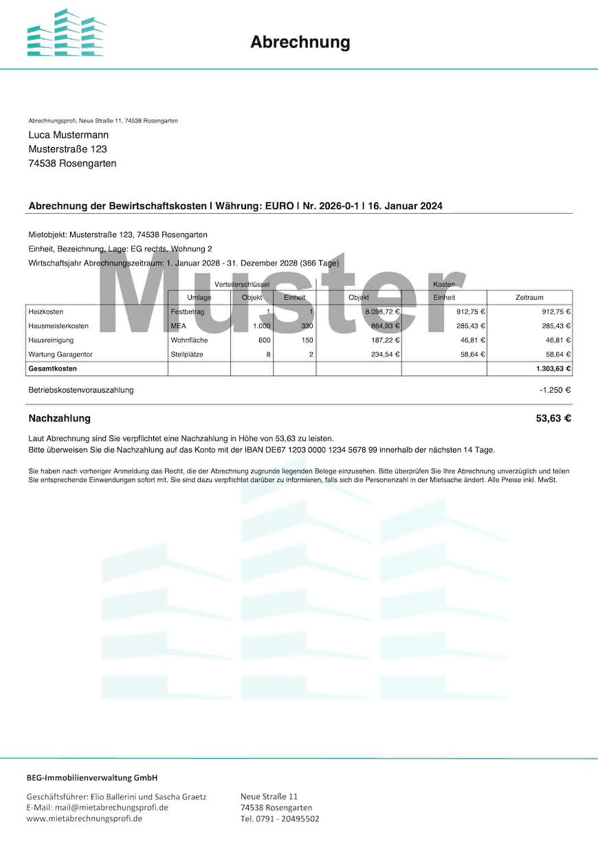 Mieter-Nebenkostenabrechnung Muster-Abrechnung